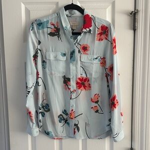 LOFT Light Blue Blouse with Red and Blue Floral Pattern